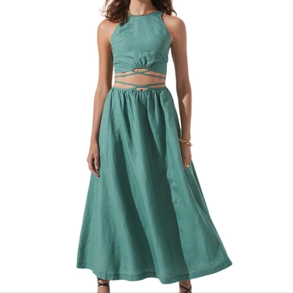 Astr The Label Sage Green Linen 2 Piece Crop Top & Maxi Skirt Set - Picture 1 of 13
